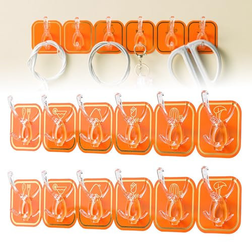 GmwyCzV 12 Stück Klebehaken, 2 Set Multifunktionale Transparente 6 Haken, Schneidbar Klebe Hakenleiste, Wandhaken Selbstklebend, Hochwertige Kein Bohren, für Schlafzimmer/Bad/Küche/Decke (Orange)