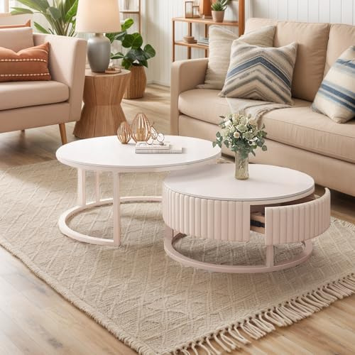 GonTzolkin Couchtisch Rund Weiß 2er Set - Marmor Couchtisch Mit Stauraum, Modern Metallrahmen für Wohnzimmer und Schlafzimmer - Einfacher Aufbau