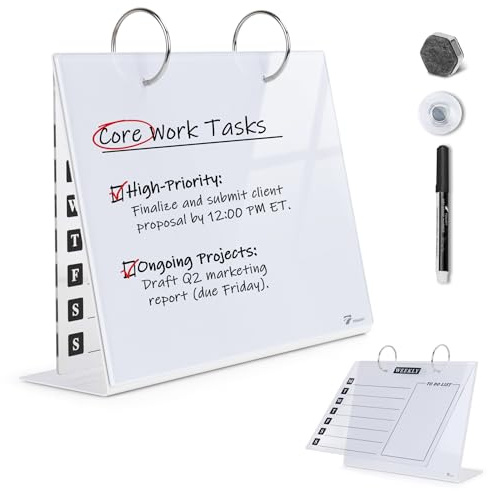 Desktop Glass Dry Erase & Acrylic Aesthetic Desk Calendar Weekly to-do List Combo, Small Magnetic Standing Whiteboard, Desk Flip Easel Calendar with Accessories for Home Office Supply, White, 9 x 7''