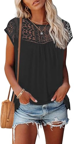 WNEEDU Lace Summer Tops for Women UK Ladies Cap Short Sleeve T Shirts | Crew neck blouses,casual elegant