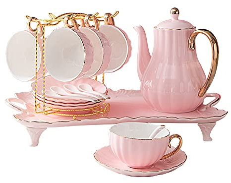 KWMAEEUID Juegos de té de Porcelana para Adultos, Juego de Taza y platillo de café Rosa, Juego de Tazas de café con Soporte de Metal para Mujeres y niñas