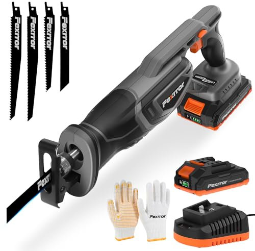 Fexrror Sega a Gattuccio a Batteria, 20V Gattuccio Elettrico con Batteria da 4000mAh, Caricabatterie Rapido, 4 Lame per Seghetto Senza Attrezzi, per il Taglio di Legno/Metallo/PVC