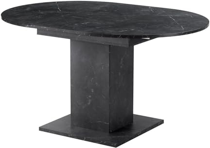 B&D home® ausziehbarer Esstisch WIM  100 - 140 x 100 cm – runder Säulentisch mit Butterfly Auszug, Melamin Marmor Schwarz, platzsparender Holztisch für Küche & Esszimmer
