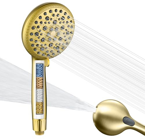 SUMERAIN Filtered Handheld Shower Head for Hard Water, Brushed Gold | Water-Saving, 9-Spray FOF ScaleBlock & Vitamin C Skin Care, 3-Month Cartridge, For California/Texas/Illinois