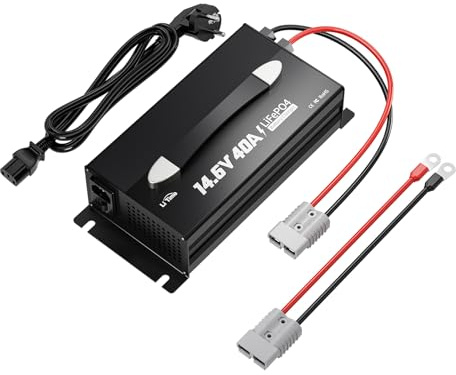 LiTime Cargador de Batería 40A LiFePO4 Litio 14.6V - Cargador Inteligente para Baterías LiFePO4 12V/12.8V – con Indicador LED, Interruptor de Encendido/Apagado y Conector Anderson (CA-CC)