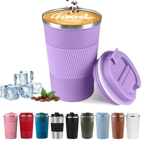 YINBAOGE Insulated Travel Coffee Mug, Spill & Leak Proof, Portable To Go Camping Stainless Steel Coffee Tumbler, Reusable Thermal Coffee Cup with Lid for Hot & Cold Drinks (Purple, 12 OZ)