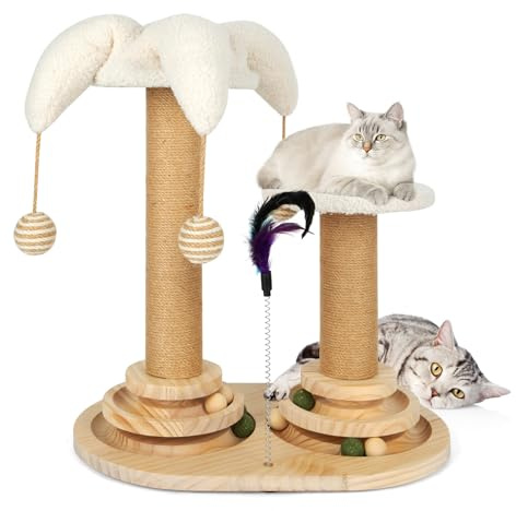 Shulltji 6 in 1 Interaktives Katzenspielzeug, Holz Katzenmöbel mit Hängenden Kugeln, Federn, Drehbar Smart Track Ball, Sisal- und Juteseil-Katzenkratzbaum für kleine und mittlere Katzen (Weiß)