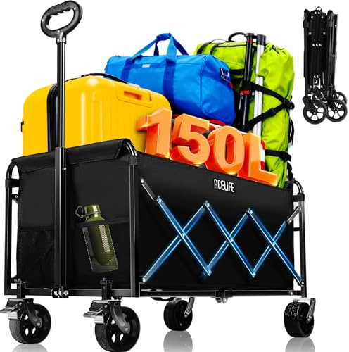 Chariot Pliable, ACELIFE 150L Chariot de Plage Pliable Tout Terrain avec Roues Amovibles et Poignée Réglable 150 kg Charge maximale pour Camping, Jardin, extérieur