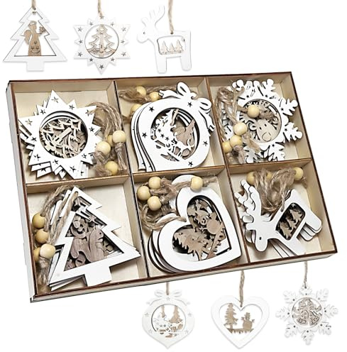 Primasage 24 Pezzi Decorazioni Albero di Natale Legno Addobbi Natalizi Bianchi con la Corda Ciondoli Albero di Natale per Il Salotto di Natale, Decorazione Della Stanza
