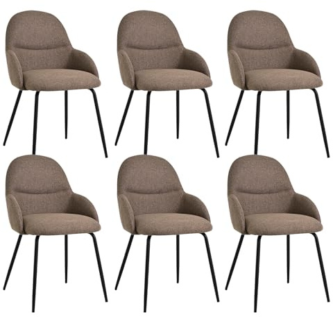 Goeurvant Esszimmerstühle 6er Set mit Armlehne – Ergonomische Polsterstühle, Moderne Küchenstühle mit Leinenbezug & Metallbeinen, Gepolsterte Stühle für Wohnzimmer, Esszimmer, Küche，Braun