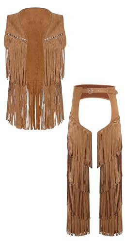 CHICTRY Men Adult Tiered Tassel Vest And Chaps 2-piece Set Bottomless Leggings Cowboy Outfit