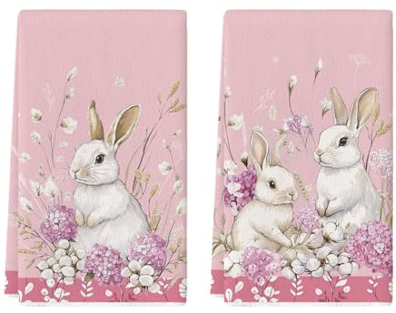 Artoid Mode Rosa Kapok Hortensien Kaninchen Hasen Küchentücher Geschirrtücher, 42x65 cm Frühling Easter Dekoration Polyester Handtücher 2er Set
