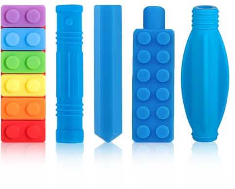 PHYNDR Set de 5 boligrafos de silicona multicolor juguete de denticion para bebes masajeador de encías soporte de lapiz seguro y resistente