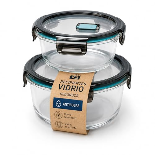 Set 2 tapers redondos Vidrio Borosilicato Herméticos Antigoteo BPA Free | Redondos y rectangulares, apto microondas, congelador y lavavajillas, meal prep, apilables, vidrio sin BPA