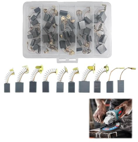 Escobillas Motor Electrico, 40 Piezas 10 Tamaños Cepillos Carbón para Herramientas Eléctricas, Carbón-Grafito con Caja Transparente, Resistentes al Desgaste para Martillos, Sierras y Amoladoras
