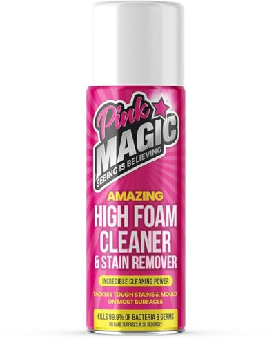 Pink Magic Foam Cleaner Kills 99.9% of bacteria & germs, cherry blossom scent Red wine, Chocolate,Makeup, Fake tan, Grease, Oil, Dirt,Grime Stain Remover Tackles tough stains & grime effortlessly