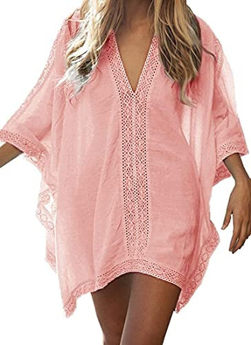 Walant Robe de Plage pour Femmes V-Cou Bikini Cache-Maillots Taille Unique Coton mélangé Dentelle Chemise Robe Couvrir Beach Maillots de Bain Cover Up, A-rose Clair, Taille unique