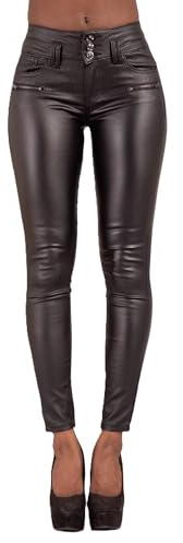 Glook Pantalon Femme Simili Cuir Noir Taille Haute, Skinny Fit - Pantalon Cuir Femme Sexy avec Poches Fonctionnelles (34, 3 Bouton)