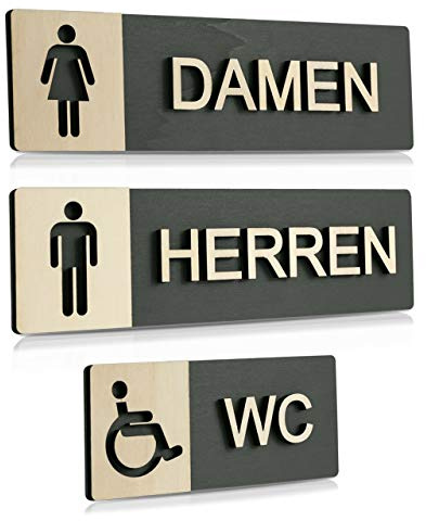 WC Schild Echtholz Anthrazit Holz Edel Piktogramme Toilette Toilettenschilder Türschild Damen Herren (Komplettset (Damen-Herren-Behinderten WC))