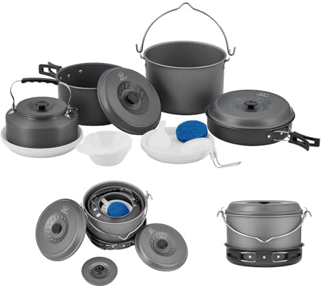 Bulin 13-teiliges Camping-Kochgeschirr-Set, antihaftbeschichtet, Backpacking-Kochset, Outdoor-Kochausrüstung für Familien-Wandern, Picknick, leichtes Kochgeschirr-Set (Wasserkocher, Töpfe, Bratpfanne, BPA-freie Schüsseln, Teller, Löffel)