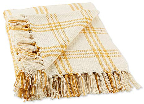 DII Modern Farmhouse Plaid Collection - Coperta in cotone con frange e cotone, 50 x 60 cm, colore: Bianco/Miele Oro