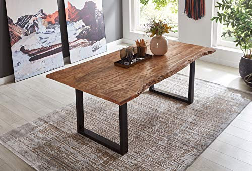 SAM Esstisch Dora 180 x 90 cm, Mangoholz massiv, lackiert & naturfarben, Baumkantentisch mit U-Metallgestell in Mattschwarz, echte Baumkante, 26 mm