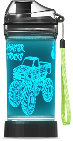YuanDian 3D Glowing Water Bottle with 3D Monster Truck Design- 14 OZ Tritan BPA Free - Cool Drinking Cups Gift for School Kids Boy Girl Child Christmas Holiday(Random Monster Truck)