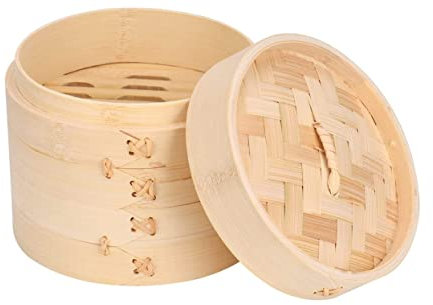 FOUTP Cuiseur vapeur en bambou - Panier vapeur 2 niveaux avec couvercle - Idéal pour les raviolis, les légumes, le riz et le dim Sum (10cm)