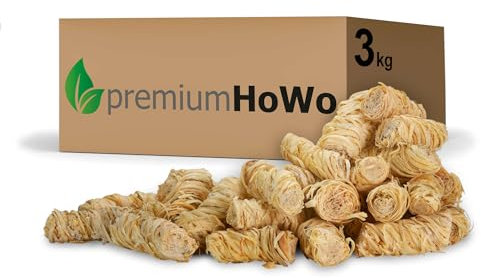 premiumHoWo (3 kg / 240 Piezas Encendedor ecológico para chimeneas y barbacoas - Madera Natural y Cera Vegetal - Lana de leña, Pastillas de Encendido - Ideal para Chimenea, Estufa, Fuego, Fogatas