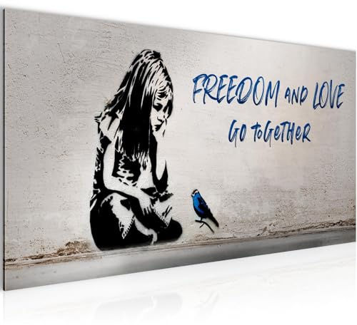 Runa Art Wandbild Mädchen mit Vogel 1 Teilig 100 x 40 cm Modern Bild auf Vlies Leinwand Street Art Loft Wohnzimmer Grau Blau 040612c