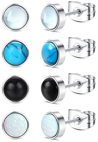 ADRAMATA 4 Paar Edelstahl Ohrstecker Set - Mondstein, Türkis, Opal und Schwarzer Onyx Ohrringe für Damen
