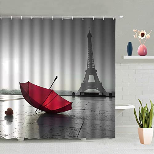 SAJEGBJ Juego De Cortinas De Ducha Gris Torre Paraguas Cortina De Baño Tejido Resistente Al Moho 3D Digital Impresión Cortina Accesorios De Ducha Bañera con 12 Ganchos 180X230Cm