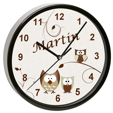 CreaDesign, Wanduhr Kinder personalisiert mit Name, Motiv Eule beige, Rahmen Wanduhr schwarz, Ø 19,5 cm
