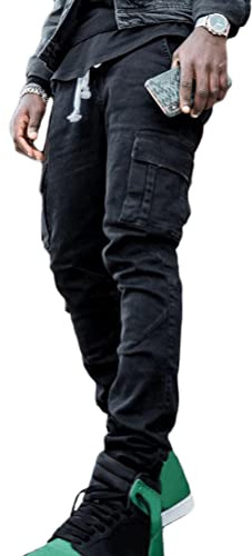 ORANDESIGNE Hombres Cargo Jeans Ajustados Pantalones Vaqueros Rasgados Pitillo Slim Fit Skinny Pantalone Casuales Elasticos Agujero Pantalón Personalidad Jeans de Insignia E Negro 3XL