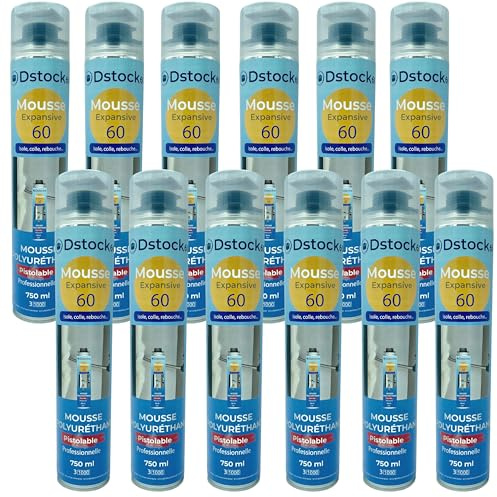 DSTOCK60 - Lot de 12 mousses expansives - 750 ml - Mousse polyuréthane professionnelle pistolable - Isole, colle et rebouche - Extérieur et intérieur
