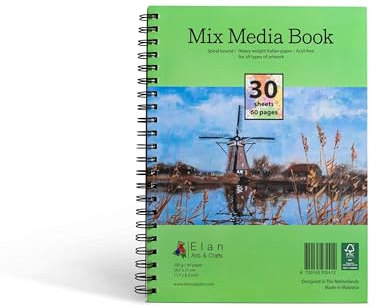 Elan Mixed Media Skizzenbuch A4, 30 Blatt/60 Seiten, dickes Papier, Spiralbindung, säurefreies Mischtechnikpapier