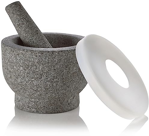 Mortier et pilon en granit de 15,2 cm – Molcajete en granit non poli d'une capacité de 2 tasses avec couvercle en silicone – Broyeur et broyeur pour mélanger, mélanger, broyer, servir,