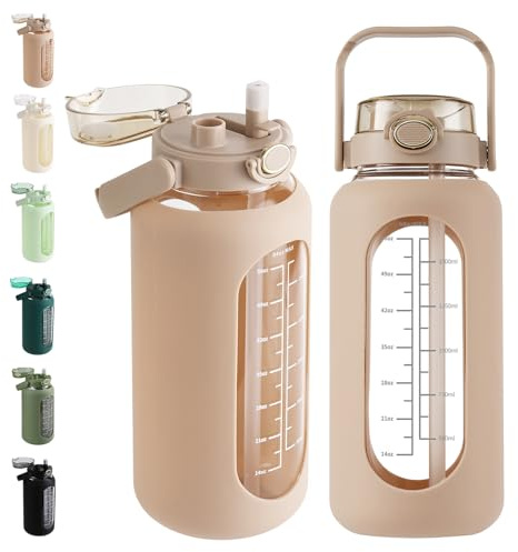SIEROZUR 64oz Glass Water Bottle with 2-in-1 Straw Lid Large Half Gallon Water Bottle with Time Marker & Removable Silicone Sleeve,Wide Mouth BPA-Free Borosilicate Bottle for Gym, Workout & Daily Use