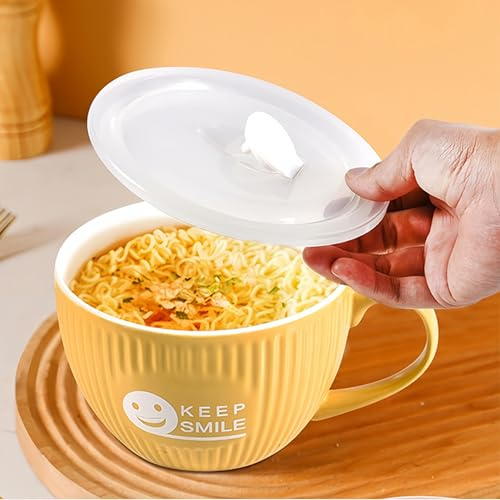 fMSDD Keep Smile Large Soup Mug with Lid, Funny Icon Ramen Bowl, Ceramic Bowls with Handle and Lid, 800 ml, Apricot Yellow