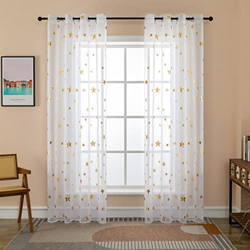 GIRASOLE HOME® Coppia Tende Voile Filtranti Fantasia Stelle Dorate Tenda Bianca per Interni con Occhielli 2 Pannelli (Stelle Oro, 140x235cm)