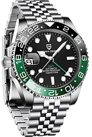 PAGRNE DESIGN Orologio da uomo GMT Automatico Lunetta in ceramica Orologio giapponese NH34 Calibro impermeabile Orologio da polso Mappa del mondo（Cinque Perle Nero Verde-5）