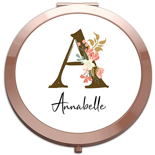 Personalised initial gifts customise with any alphabet letter A-Z add name or text -Ambrosia floral alphabet - folding pocket mirror - rose gold round circle shape