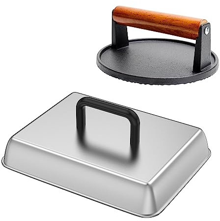 SafBbcue Runde Gusseisen-Grill-Gewichtspresse und Grilldampfer, Schmelzkuppel, 35,6 cm, rechteckig, Edelstahl, Grillabdeckung für Grillplatte, Blackstone, Pitboss, Weber Flat Top Grills Zubehör