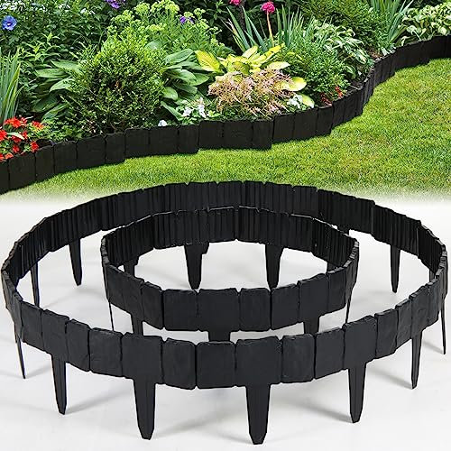 Geetery Lot de 100 bordures de jardin en plastique imitation pierre effet pierre noire bordures décoratives pour pelouse à faire soi-même pour extérieur, terrasse, balcon, cour, allée