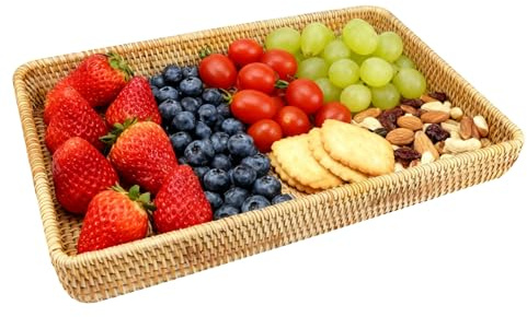 Tissting Rattan Serviertablett, Handgeflochtenes Rechteckiges Tablett für Obst Brot Frühstück, Vielseitiger Servierkorb 36x23x5cm aus Naturmaterial für Tee Getränke Picknick Camping