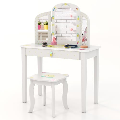 COSTWAY Toeletta Trucco 2 in 1 per Bambina Staccabile, Specchiera per Ragazza in Legno con Sgabello e Cassetto, Postazione Trucco per Cameretta, 3 Anni, 70 x 34 x 96cm, Bianco