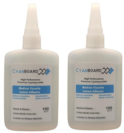 Cyanboard, 2 unidades de 100grs de adhesivo instantáneo de cianoacrilato viscosidad media. Pegamento múltiples materiales, modelismo y maquetas, reparaciones.