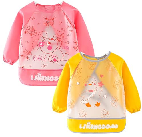 Adigau 2 Pack Lätzchen mit Ärmeln Baby Fütterlätzchen Wasserdicht Bastelschürze Kinderschürze mit langen Ärmeln Kinder Malkittel für Backen Basteln Kochen Malen A2 12-24 Monate