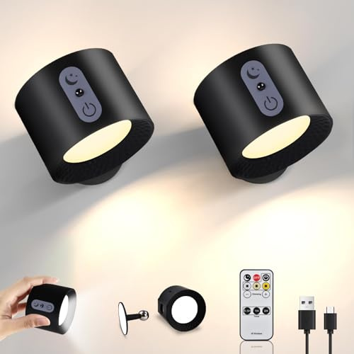 Wandleuchte Innen mit Fernbedienung 2PCS, LED Wandlampe ohne stromanschluss, AKKU 2000mAh, 360°drehbare, Touch Control Farbmodi&Helligkeit, Nachttischlampe Leselampe für Schlafzimmer Wohnzimmer