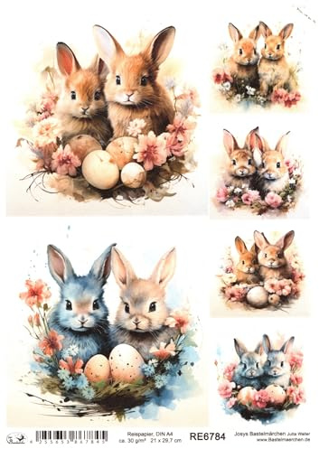 Josys Bastelmärchen Reispapier A4 Strohseide Ostern 2 Süße kleine Häschen Hasen Blumen RE6784